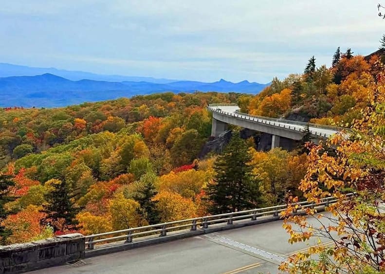 Picturesque view of a road in the Smokies surrounded by colorful fall foliage