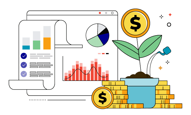 Illustration of a plant with a dollar sign as the face of the flower and there are business charts in the background