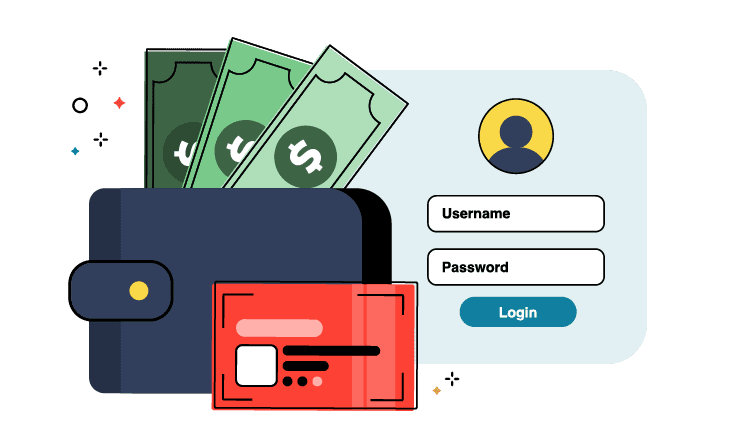 Illustration of a debit card and a wallet with cash peeking out of it