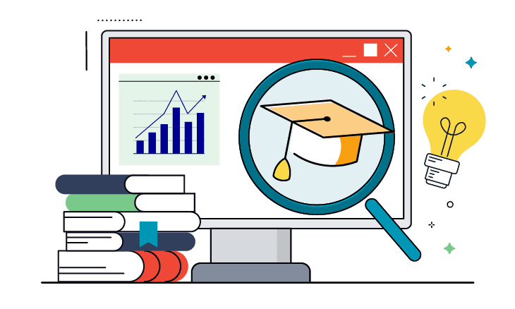 Illustration of a computer with books and emphasis on learning