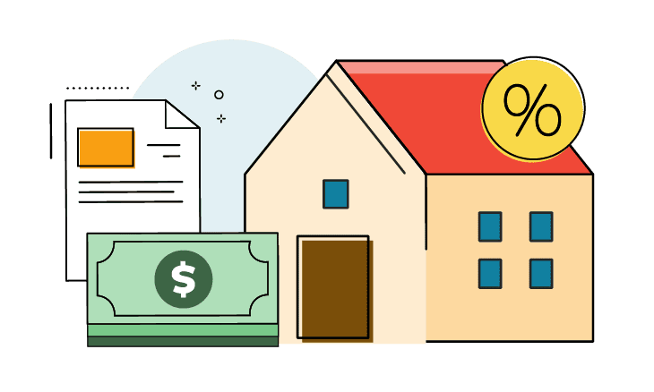 Illustration of a home with drawing of currency next to it