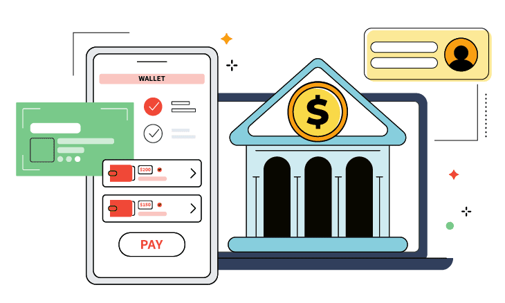 Illustration of a mobile phone in front of a laptop screen that has a drawing of a bank on it