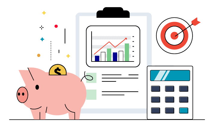 Illustration of a piggy bank next to a clip board
