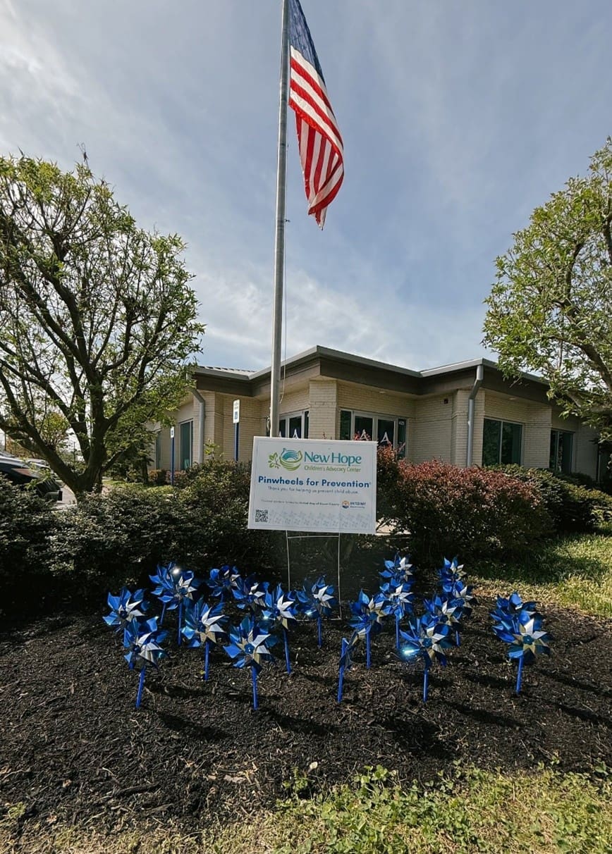 Blue pinwheels are planted in the lawn
