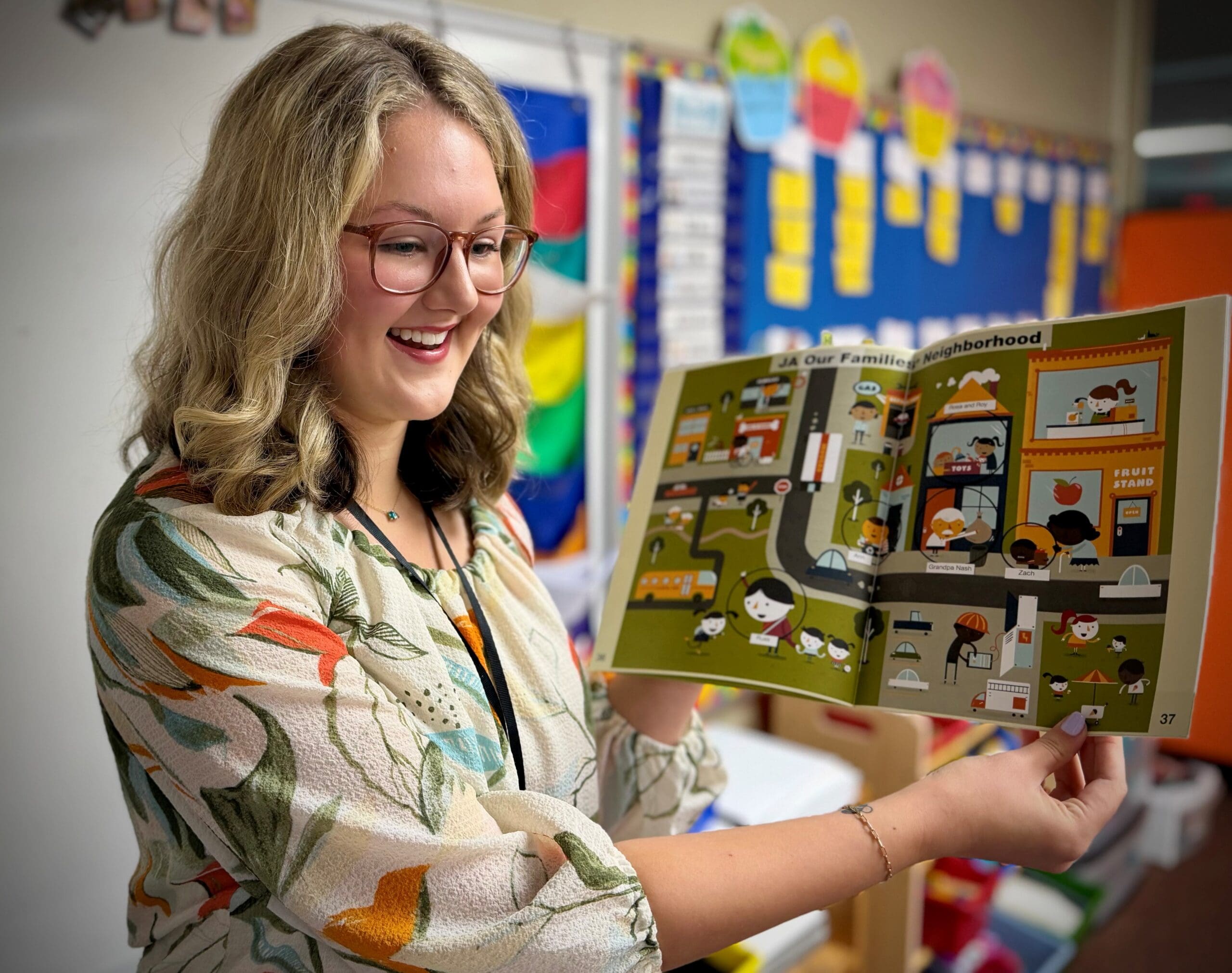 Woman shows pages in a book